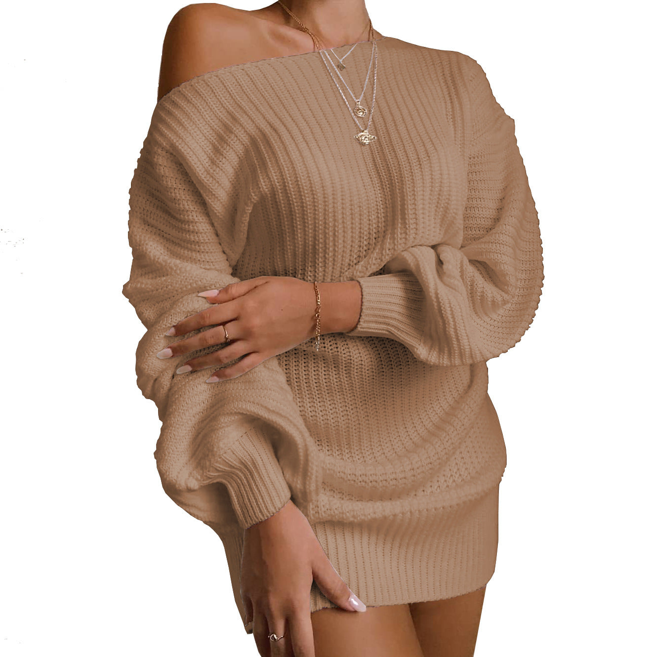 Lantern sleeve knitted wool dress