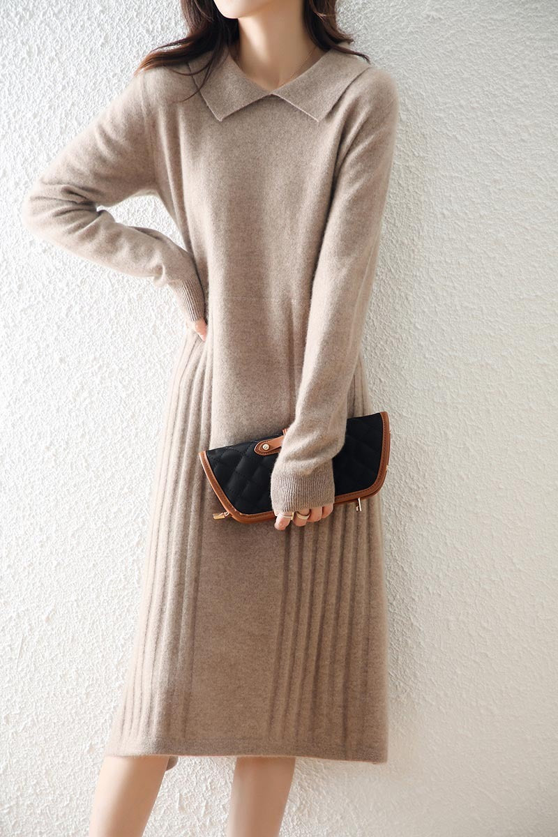 Women's Fashion Peter Pan Collar Solid Color Wool Knitted Dress