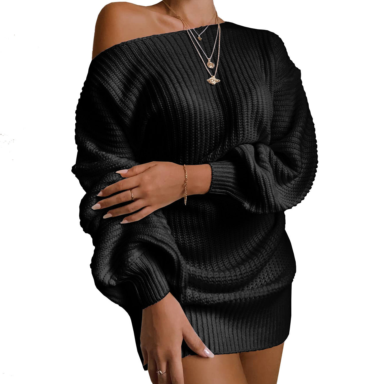 Lantern sleeve knitted wool dress