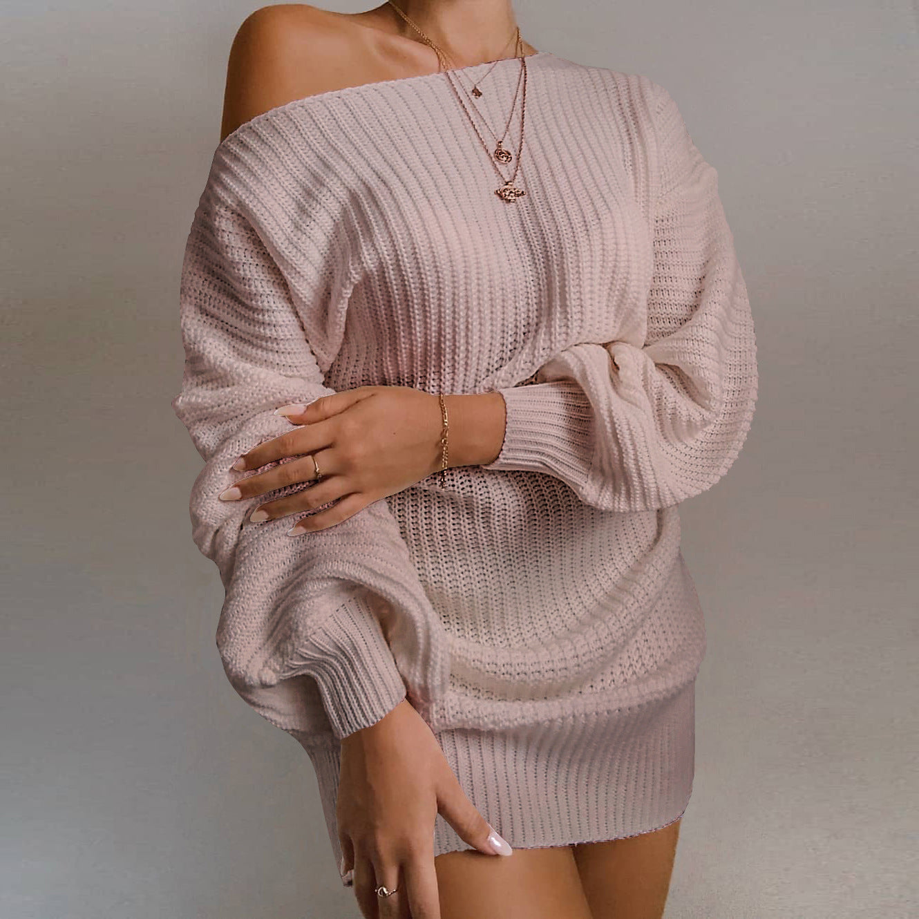 Lantern sleeve knitted wool dress