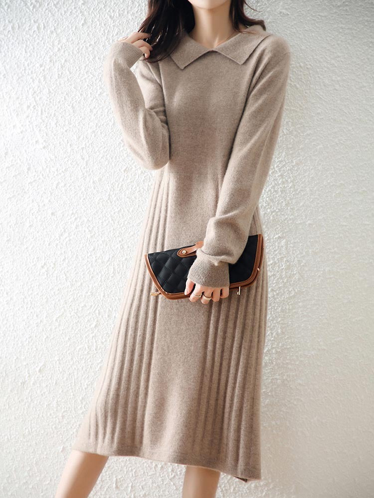 Women's Fashion Peter Pan Collar Solid Color Wool Knitted Dress