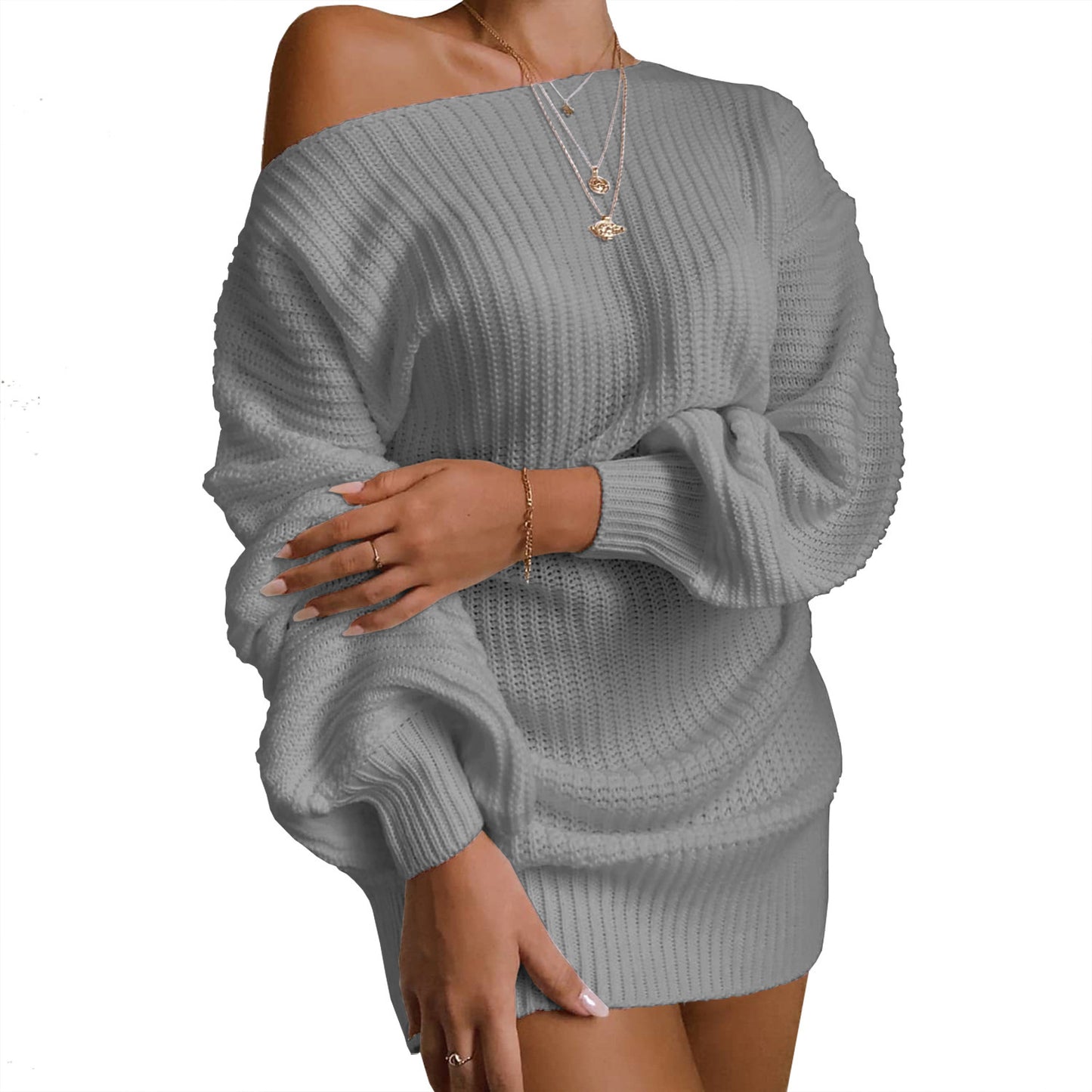 Lantern sleeve knitted wool dress