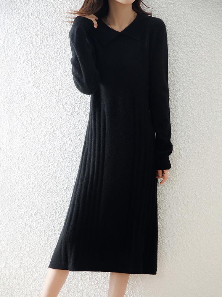 Women's Fashion Peter Pan Collar Solid Color Wool Knitted Dress