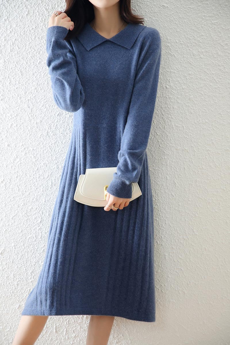 Women's Fashion Peter Pan Collar Solid Color Wool Knitted Dress