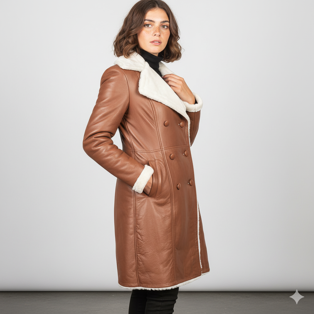 Women's Amie Brown Double Breasted Shearling Coat – Noir Mode