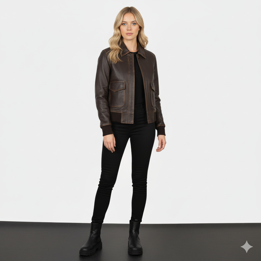 Women's Westa A-2 Brown Leather Bomber Jacket – Noir Mode