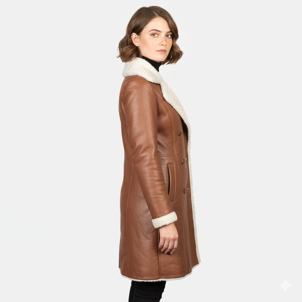 Women's Amie Brown Double Breasted Shearling Coat – Noir Mode