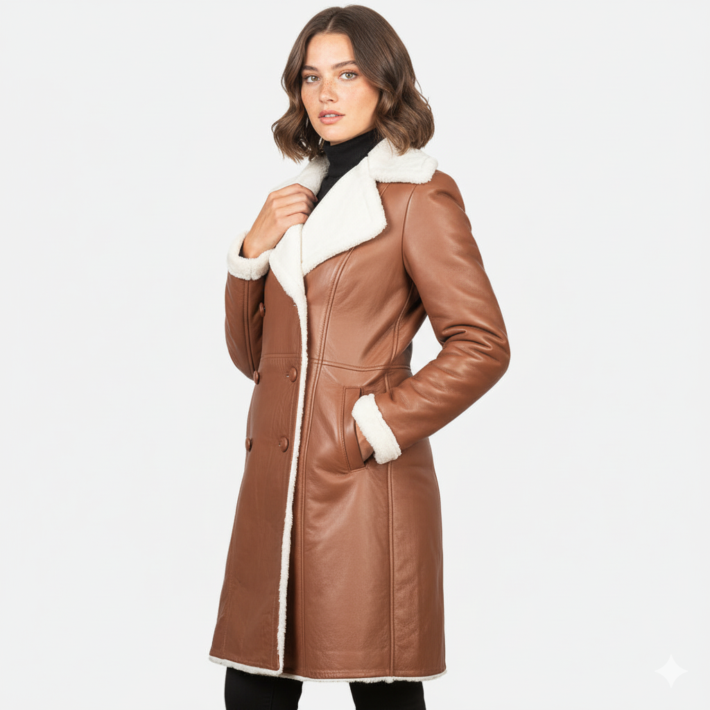 Women's Amie Brown Double Breasted Shearling Coat – Noir Mode