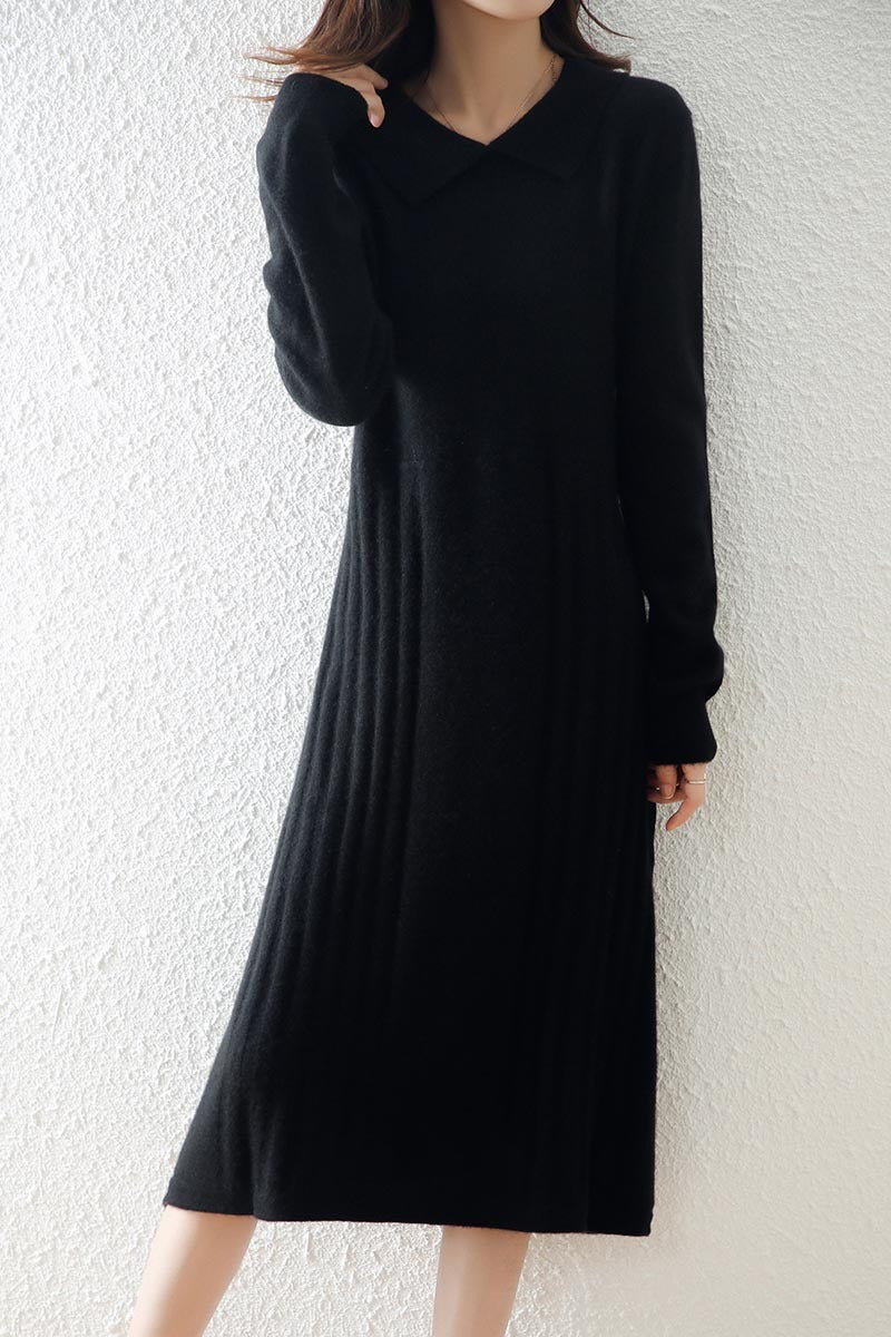 Women's Fashion Peter Pan Collar Solid Color Wool Knitted Dress