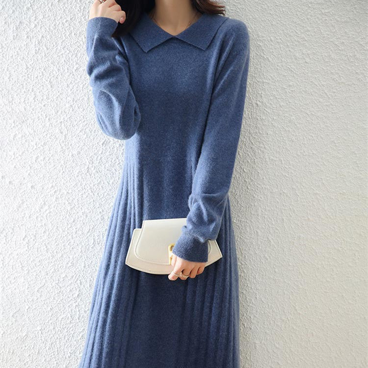 Women's Fashion Peter Pan Collar Solid Color Wool Knitted Dress