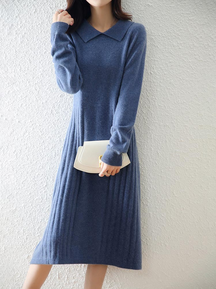 Women's Fashion Peter Pan Collar Solid Color Wool Knitted Dress