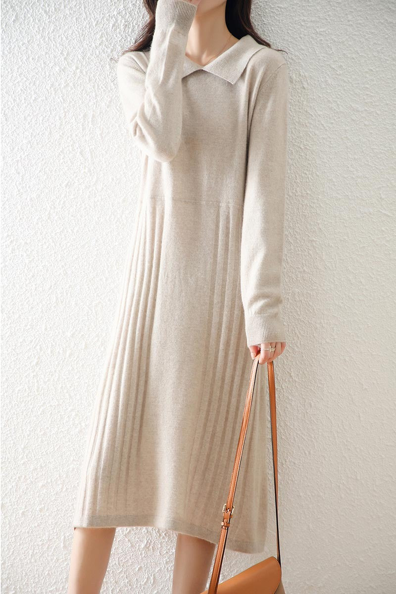 Women's Fashion Peter Pan Collar Solid Color Wool Knitted Dress