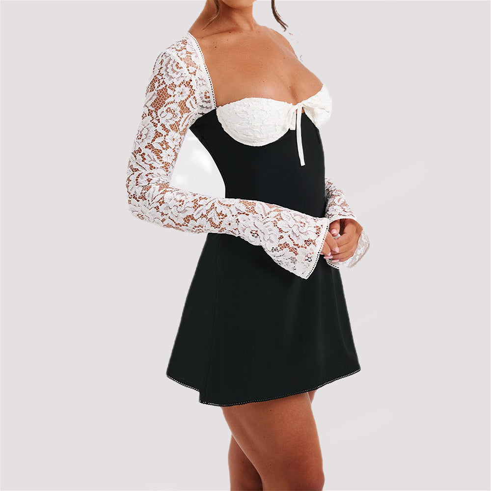 Fashion Corset Lace Long Sleeve Dress Sexy Y2K Backless Lace Up Short Dresses Womens Clothing