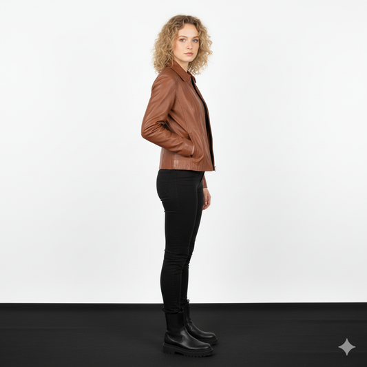 Women Colette Brown Leather Jacket - Noir Mode