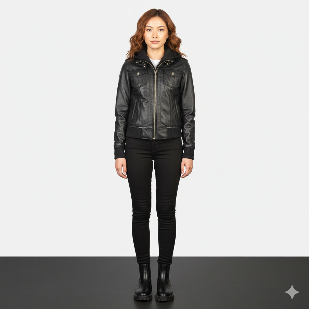 Women's Roslyn Black Hooded Leather Bomber Jacket – Noir Mode