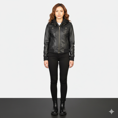 Women's Roslyn Black Hooded Leather Bomber Jacket – Noir Mode