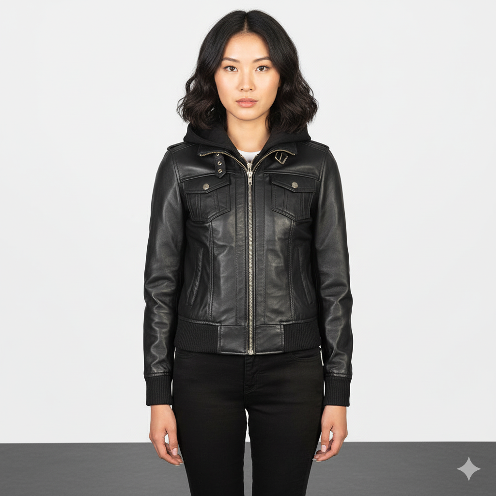 Women's Roslyn Black Hooded Leather Bomber Jacket – Noir Mode