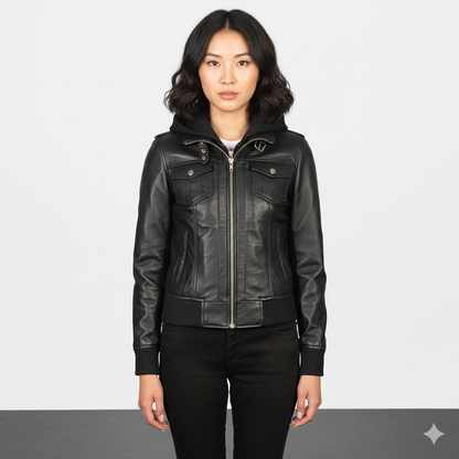 Women's Roslyn Black Hooded Leather Bomber Jacket – Noir Mode