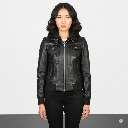 Women's Roslyn Black Hooded Leather Bomber Jacket – Noir Mode