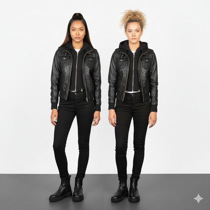 Women's Roslyn Black Hooded Leather Bomber Jacket – Noir Mode