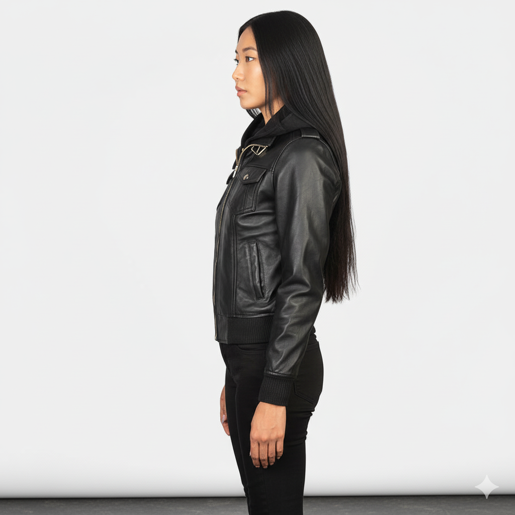 Women's Roslyn Black Hooded Leather Bomber Jacket – Noir Mode
