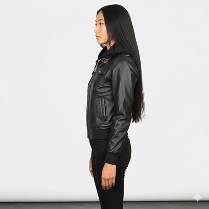 Women's Roslyn Black Hooded Leather Bomber Jacket – Noir Mode