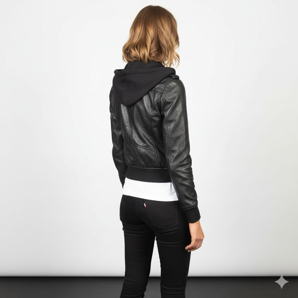 Women's Roslyn Black Hooded Leather Bomber Jacket – Noir Mode