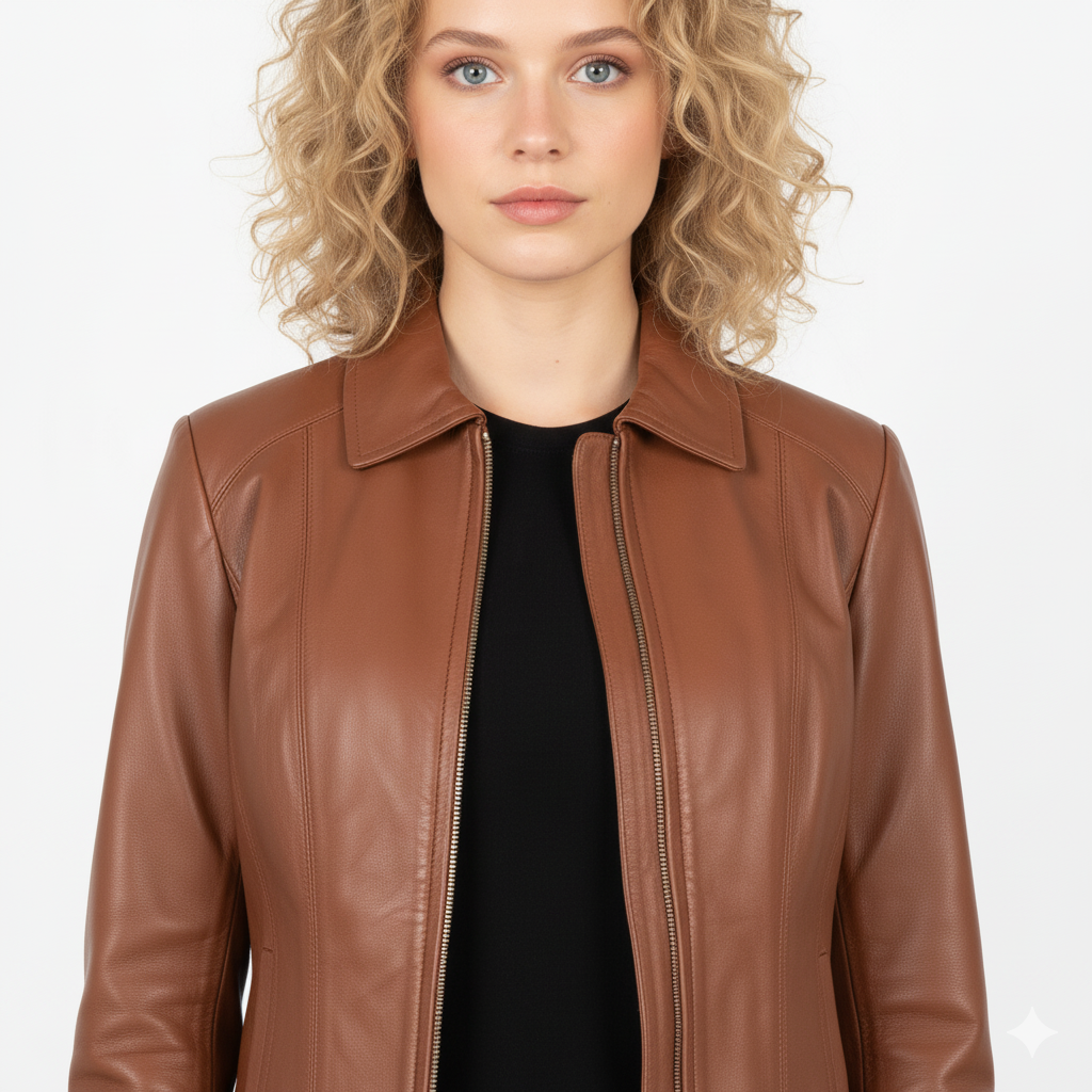 Women Colette Brown Leather Jacket - Noir Mode