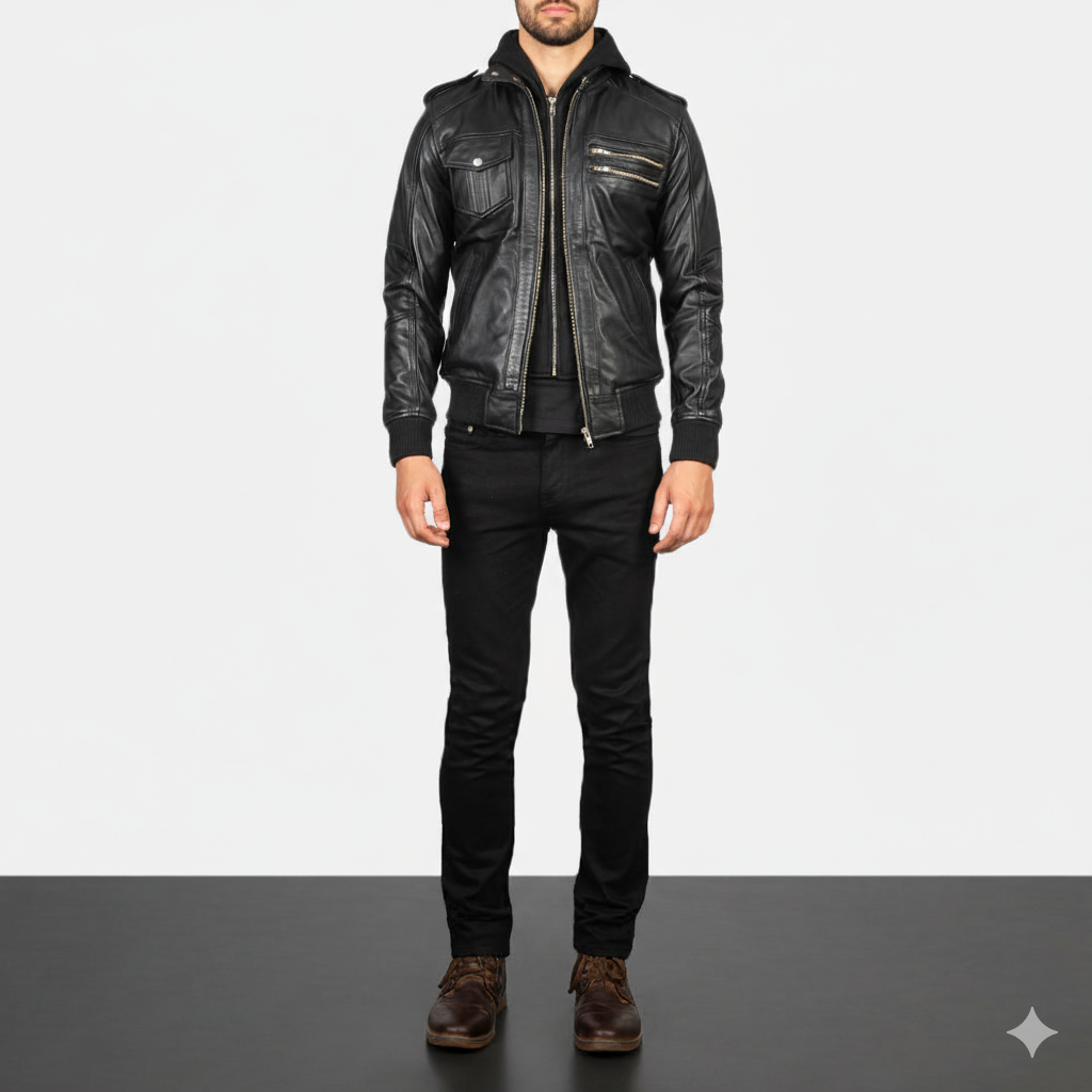 Men's Bravado Black Hooded Leather Bomber Jacket – The Jacket Maker