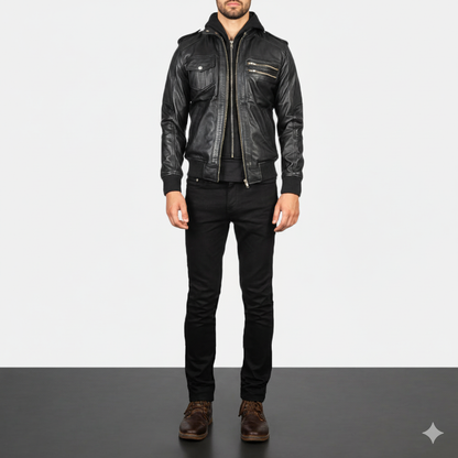 Men's Bravado Black Hooded Leather Bomber Jacket – The Jacket Maker