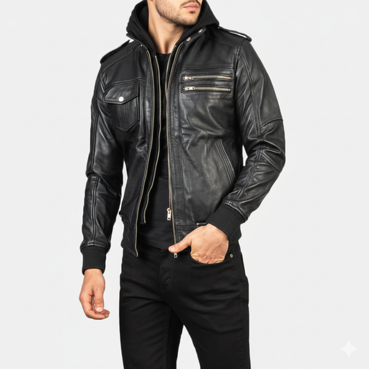 Men's Bravado Black Hooded Leather Bomber Jacket – The Jacket Maker