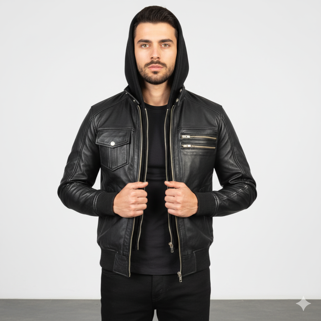Men's Bravado Black Hooded Leather Bomber Jacket – The Jacket Maker
