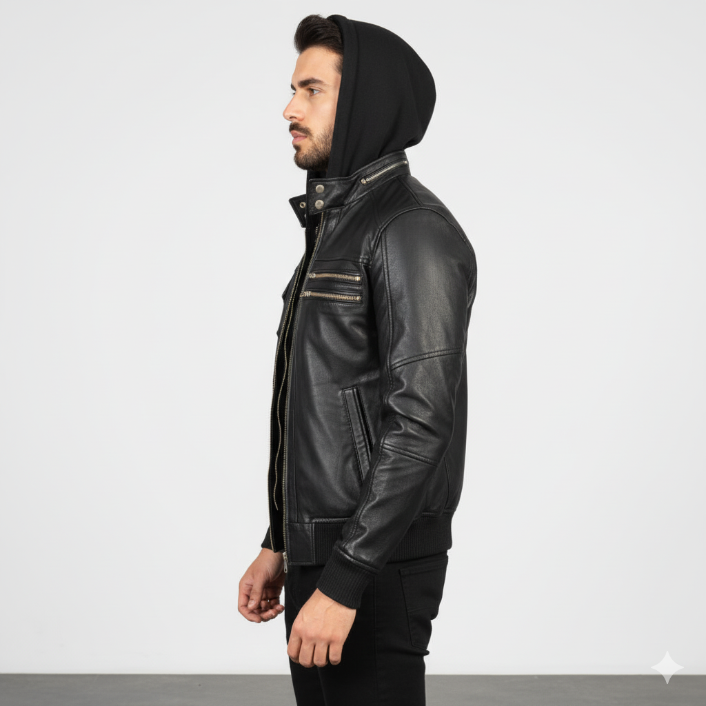 Men's Bravado Black Hooded Leather Bomber Jacket – The Jacket Maker