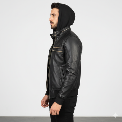 Men's Bravado Black Hooded Leather Bomber Jacket – The Jacket Maker