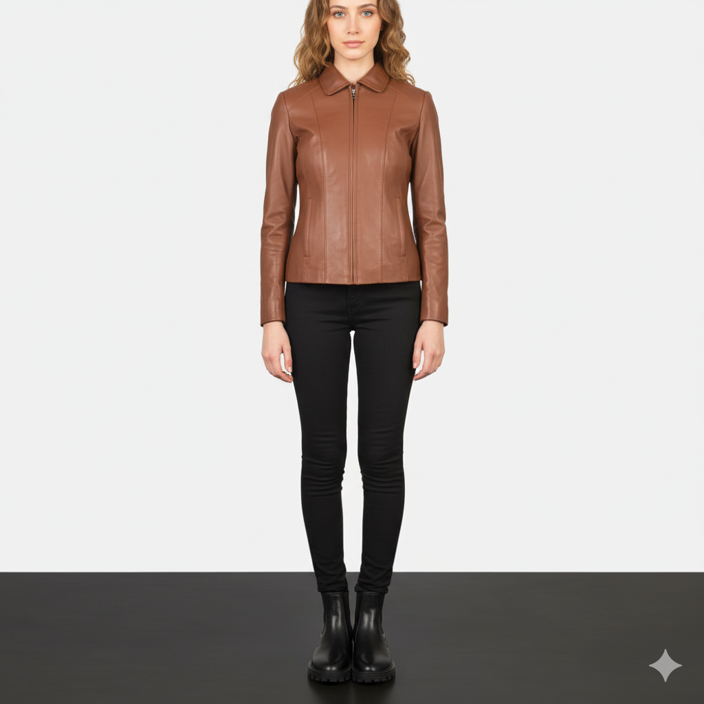 Women Colette Brown Leather Jacket - Noir Mode