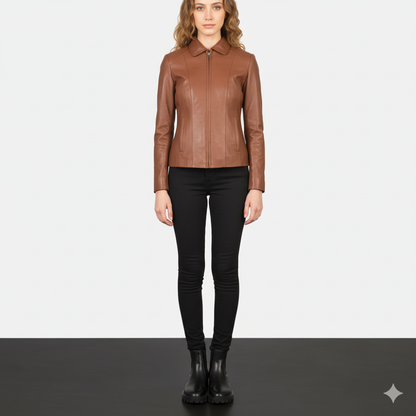 Women Colette Brown Leather Jacket - Noir Mode