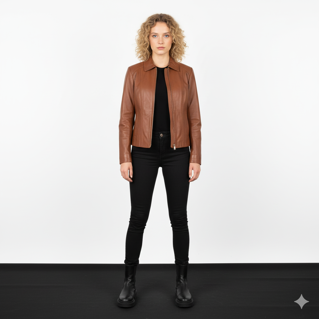 Women Colette Brown Leather Jacket - Noir Mode