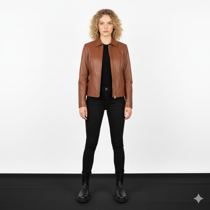 Women Colette Brown Leather Jacket - Noir Mode