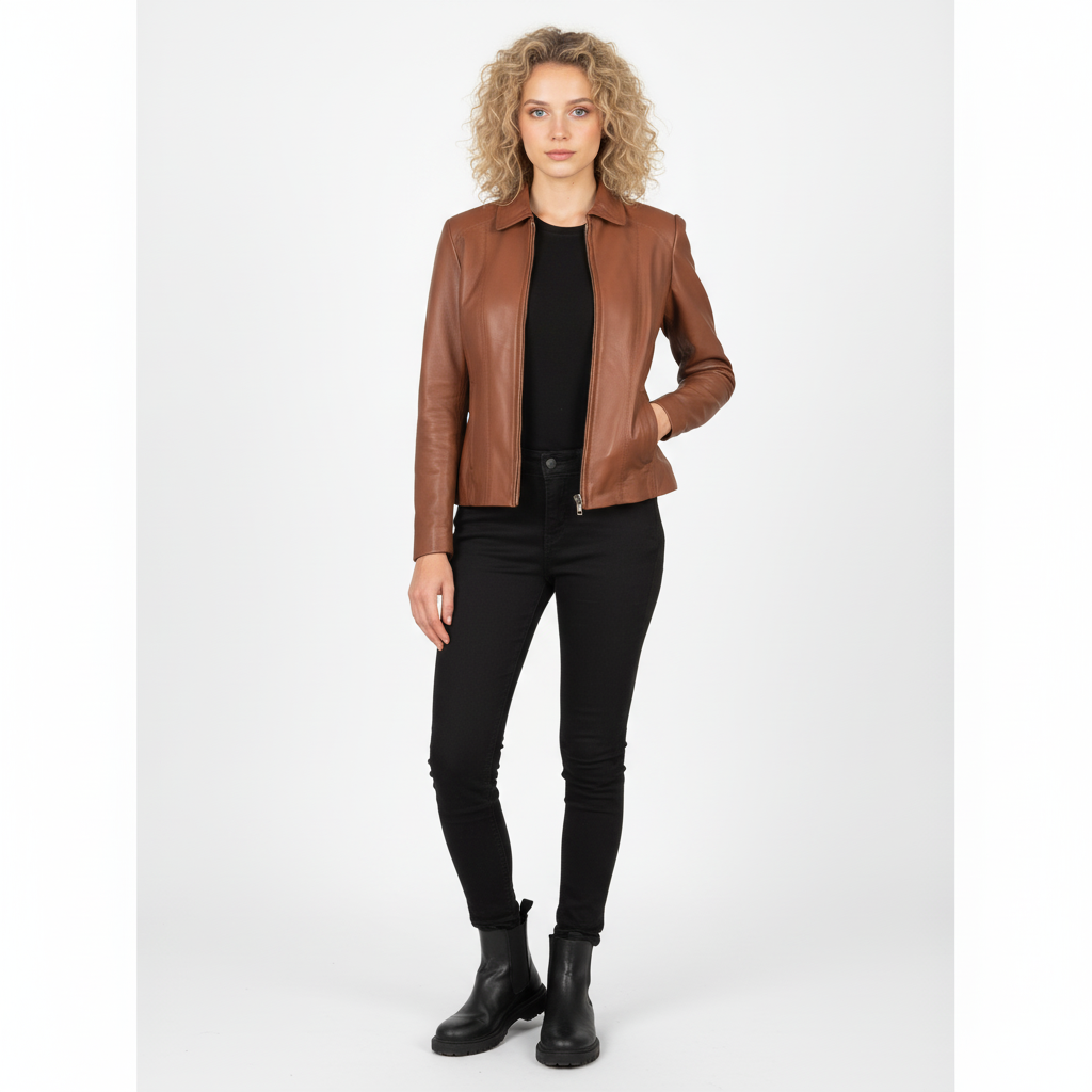 Women Colette Brown Leather Jacket - Noir Mode